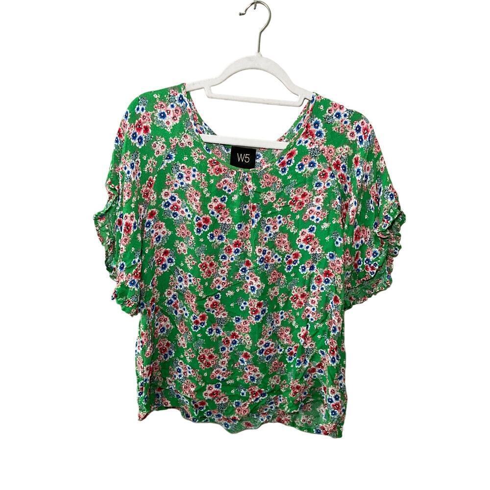 W5 Blouse Top Women L Green Floral Short Ruffle Sleeve Scoop Neck Pullover Rayon